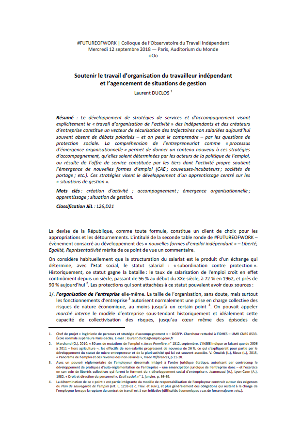 Soutenir le travail d’organisation du travailleur indépendant et l’agencement de situations de gestion